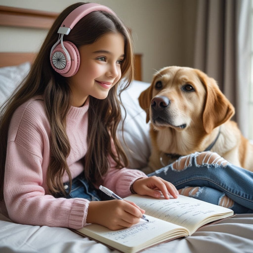 Garota sorridente com fones de ouvido rosa, escrevendo em um caderno, acompanhado por um cachorro em uma cama iluminada pela luz natural.