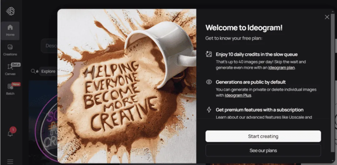 Interface de abertura do Ideograma, destacando o slogan 'Helping Everyone Become More Creative' com arte feita de café derramado.