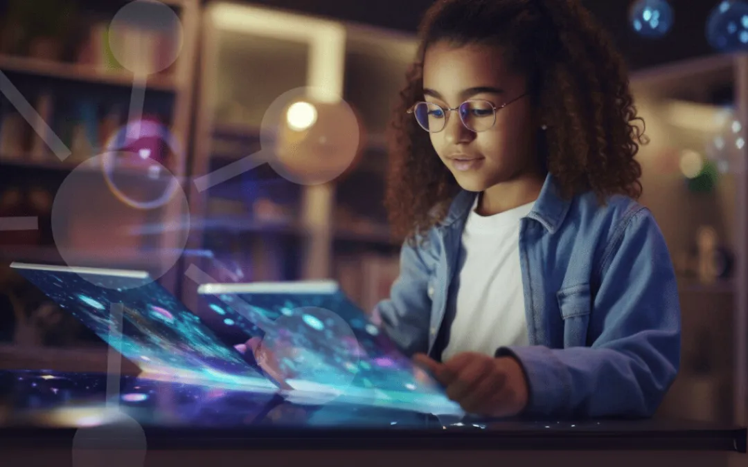 Alunos em uma sala de aula moderna interagindo com tecnologias avançadas, como tablets e computadores, enquanto aprendem com o apoio da inteligência artificial.