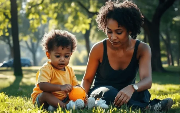 Mulher sentada na grama ao lado de uma criança que segura uma bola laranja, em um parque iluminado por luz natural.