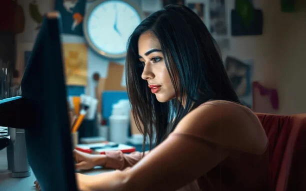 Mulher equipamentos trabalhando em frente a um computador em um ambiente com fundo detalhado, incluindo um relógio e materiais de escritório