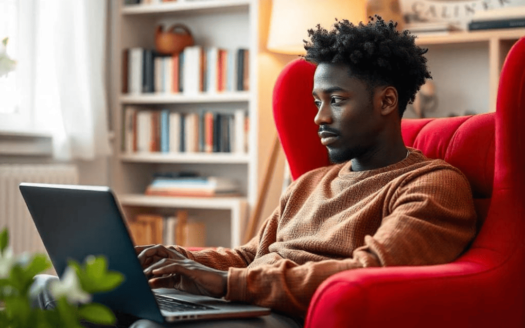 Homem jovem sentado em uma poltrona vermelha, trabalhando em um laptop, em um ambiente aconchegante com estante de livros ao fundo.