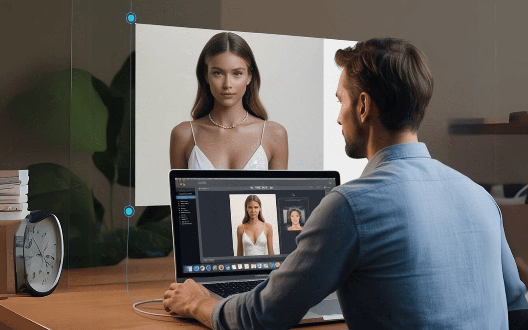 Homem usando um notebook para criar imagens digitais com ajuda de inteligência artificial, projetando o retrato de uma mulher em uma tela.