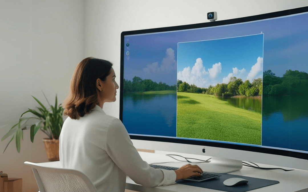 Mulher sentada em uma mesa de trabalho, utilizando um computador para editar ou criar imagens realistas de paisagens com inteligência artificial.