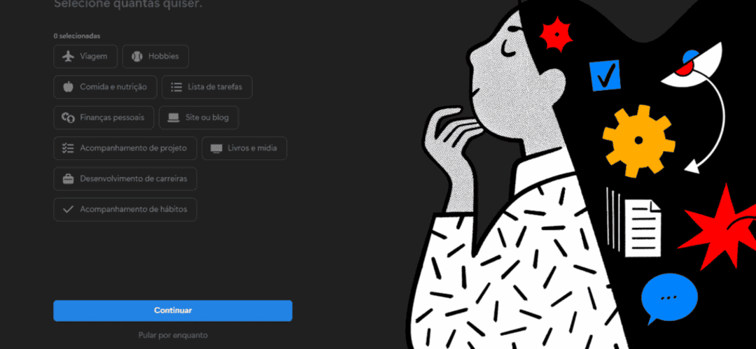 Interface do Notion AI. Ilustração estilizada de uma mulher pensativa, cercada por ícones representando metas e organização, incluindo engrenagens, lista de tarefas e livros