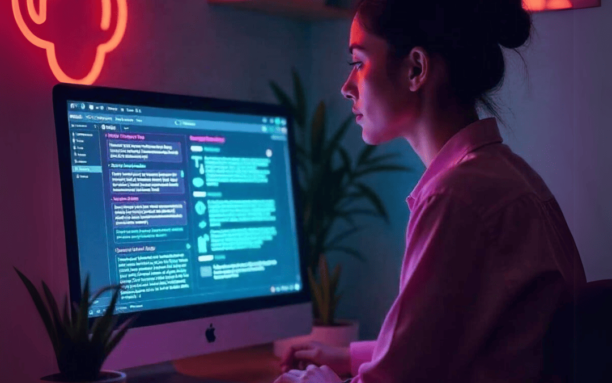 Mulher trabalhando em um computador em ambiente iluminado por luzes neon, com interface de produtividade visível na tela.