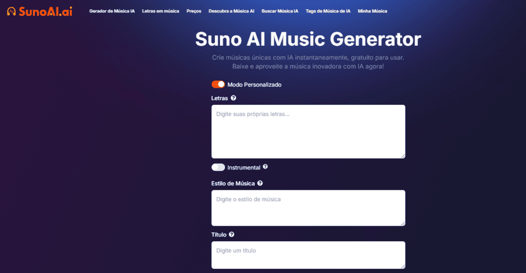 Tela inicial do Suno AI Music Generator com opções para criar músicas personalizadas usando inteligência artificial.