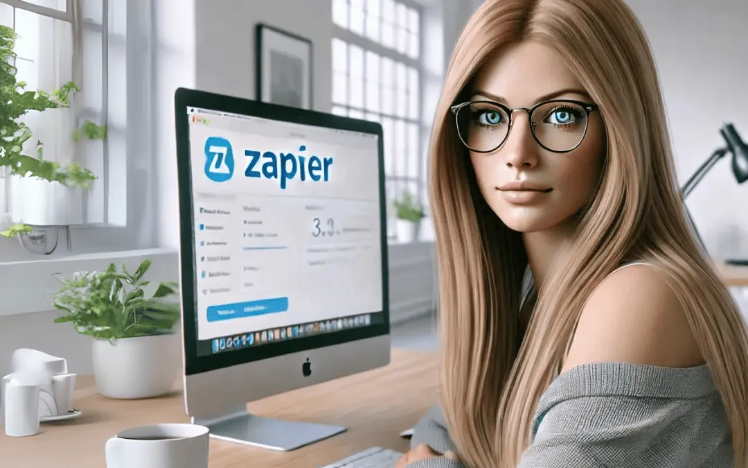 Mulher loira com cabelos longos e lisos, olhos verdes e óculos, sentada naturalmente em uma mesa de escritório, utilizando o Zapier em seu computador para automação de processos.
