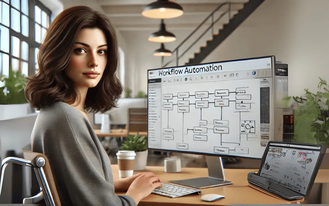 Mulher morena detrabalhando em um computador em um escritório moderno, com a tela exibindo um fluxo de automação de tarefa