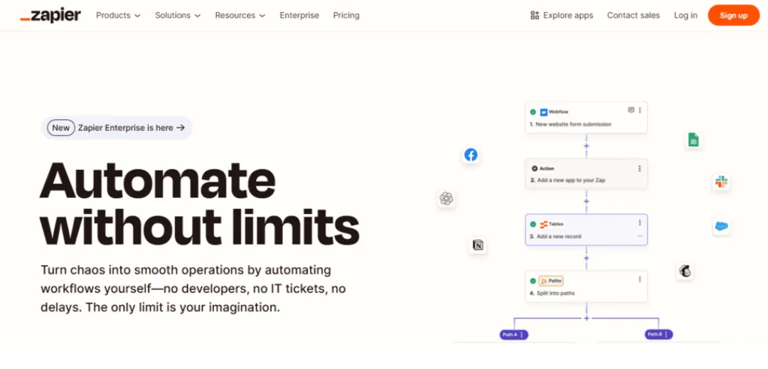 Página inicial do site do Zapier mostrando o texto 'Automatizar sem limites' e um fluxo de automação com aplicativos integrados como Webflow, Slack e Salesforce.