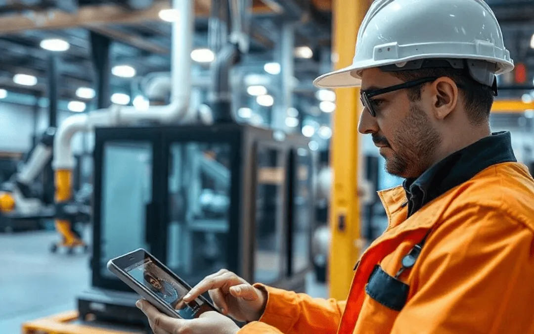 Engenheiro de capacete branco utilizando um tablet em uma fábrica moderna para monitorar dados e processos industriais, com máquinas de alta tecnologia ao fundo