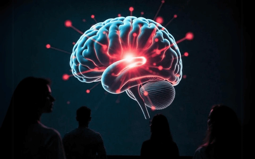 Silhuetas de pessoas observando a projeção de um cérebro digitalizado com conexões iluminadas, representando redes neurais e o impacto da inteligência artificial.