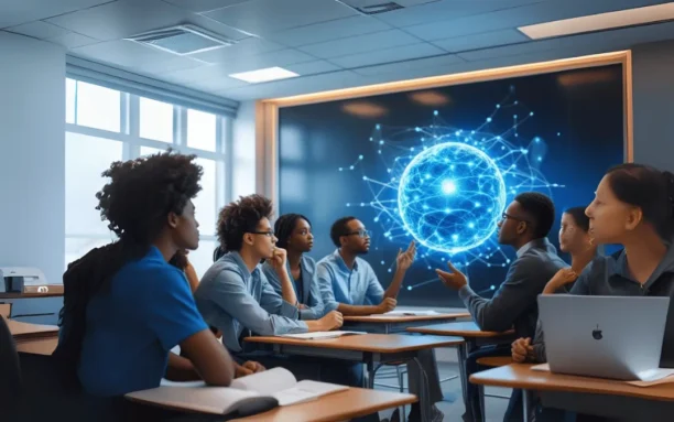 Alunos em uma sala de aula moderna utilizando tablets e inteligência artificial para aprendizado interativo.