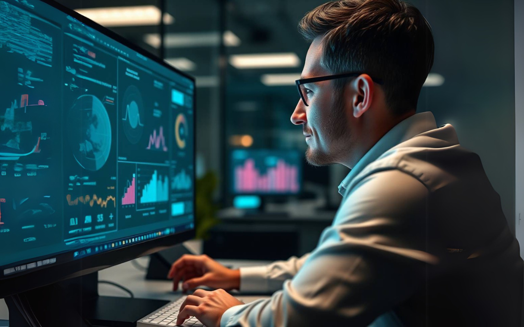 Profissional analisando gráficos de desempenho e insights em um monitor, representando o uso do Blackbox AI para tomadas de decisão baseadas em dados.