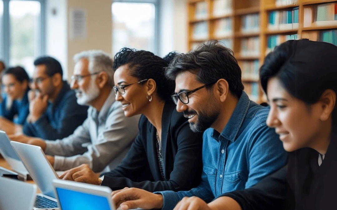 Grupo diversificado de pessoas em um ambiente educacional, usando laptops, representando aprendizagem colaborativa em cursos de inteligência artificial