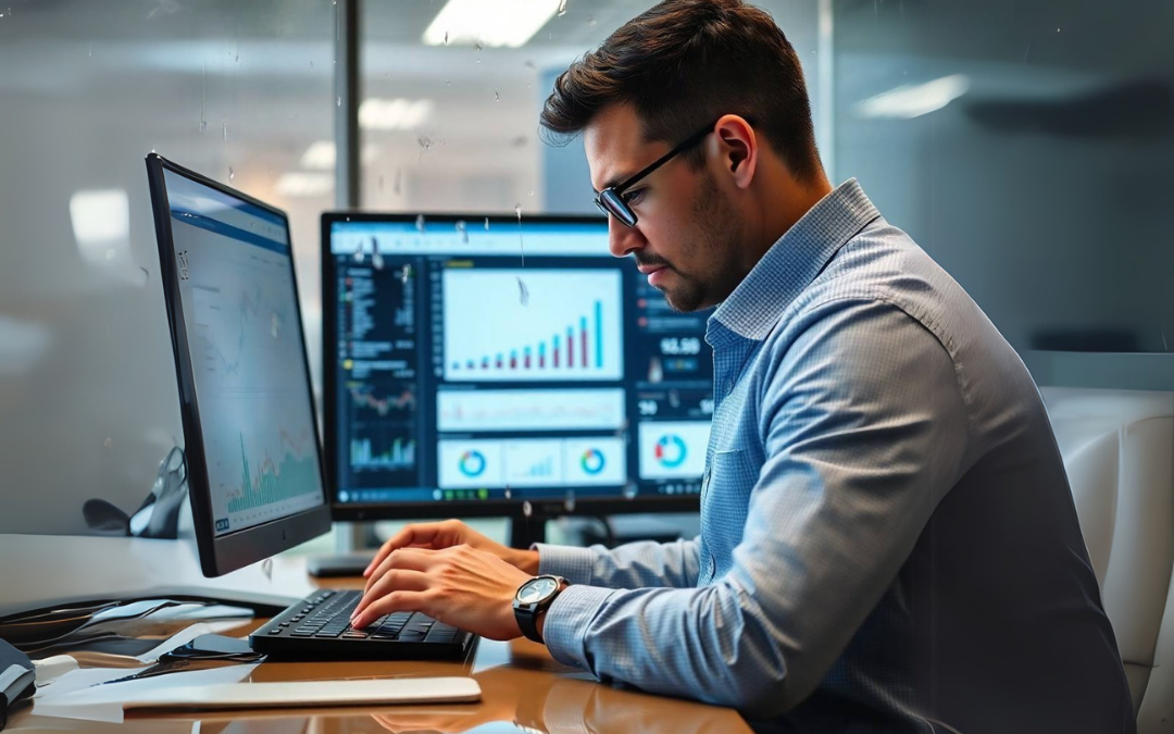 Profissional trabalhando em um escritório, analisando gráficos de crescimento e desempenho em dois monitores com chuva ao fundo, representando o impacto do Blackbox AI na gestão de dados.