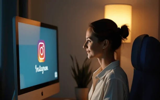 Mulher utilizando um computador com o logotipo do Instagram na tela, representando o uso estratégico do GrowBot Automator for Instagram