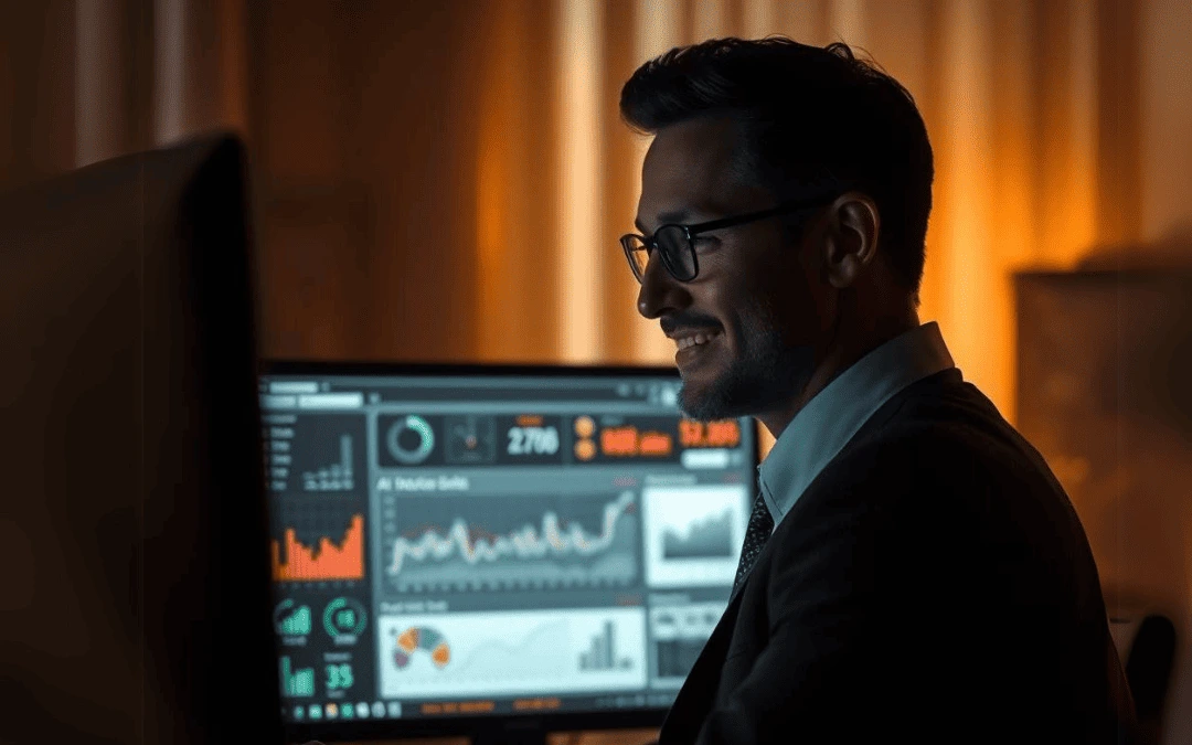 Profissional sorriu enquanto analisa gráficos em um monitor com dados de inteligência artificial, representando o impacto do Blackbox AI em soluções empresariais.