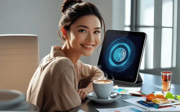 Mulher sorridente sentada ao lado de um tablet com uma interface de inteligência artificial na tela, representando a utilização do Blackbox AI para análise e automação.