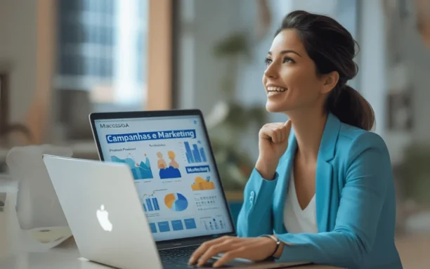 Profissional sorri enquanto analisa gráficos e relatórios de campanhas de marketing exibidos em um laptop.