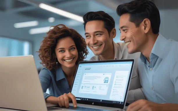 Três profissionais sorridentes analisando um laptop com a interface do Zoho, destacando a colaboração e eficiência fornecidas pelas ferramentas da plataforma, incluindo o assistente inteligente Zia.