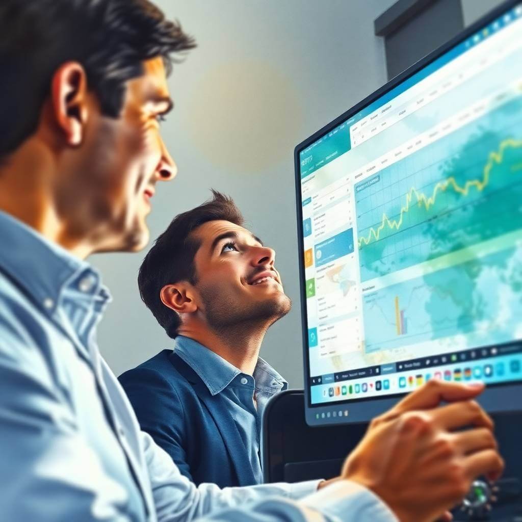 Dois profissionais analisando dados financeiros em um monitor, com gráficos e estatísticas exibidas, representando o uso colaborativo da Inteligência Artificial no setor contábil.