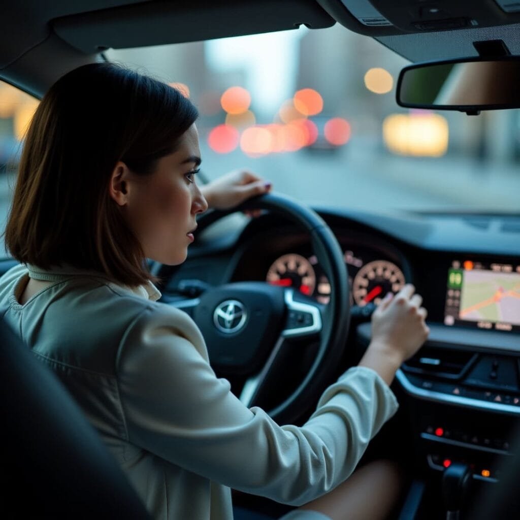 Mulher dirigindo um carro com sistema de navegação digital, representando o uso de inteligência artificial em veículos autônomos e assistências.