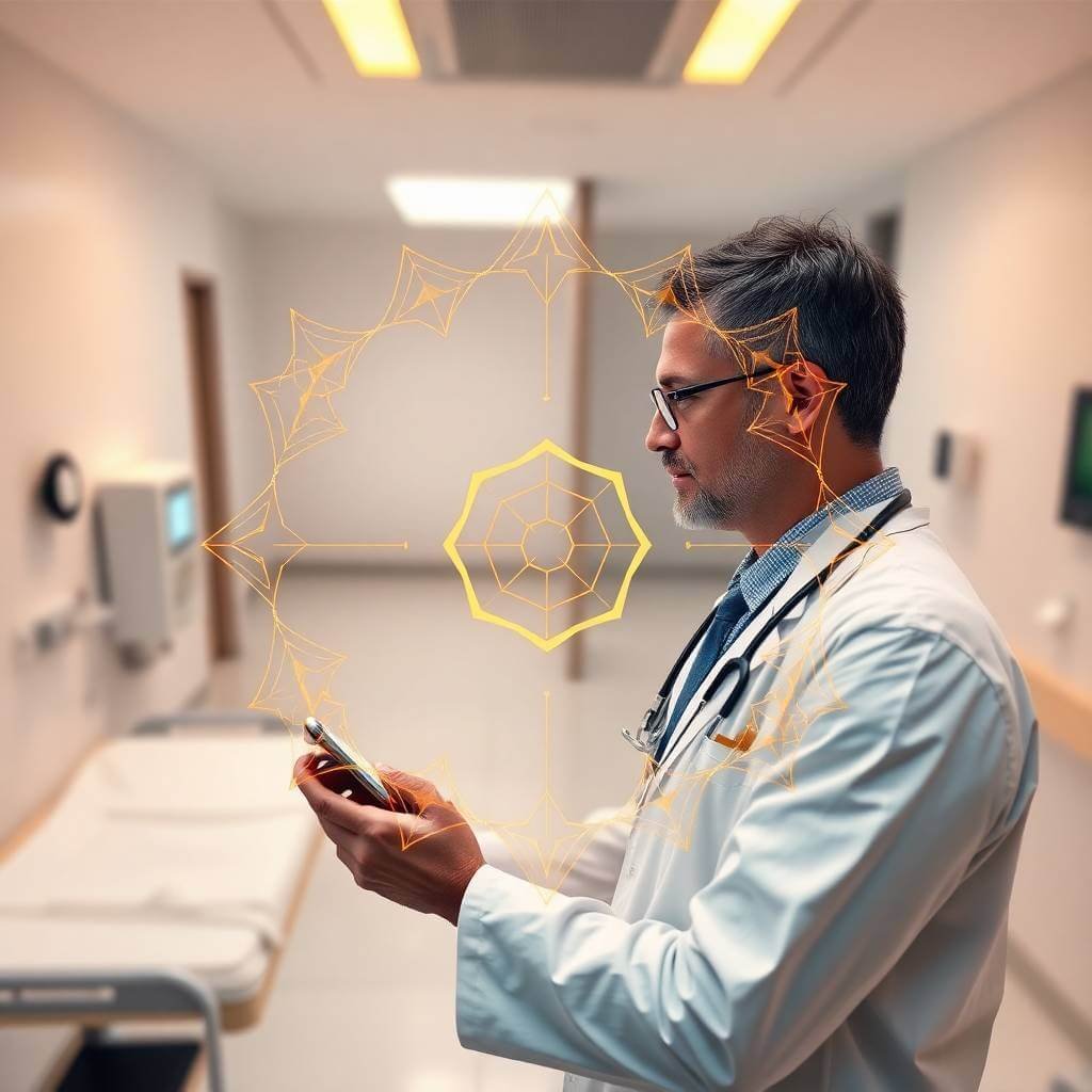 Médico utilizando um dispositivo móvel com gráficos de inteligência artificial, representando a integração de tecnologia nos cuidados médicos.