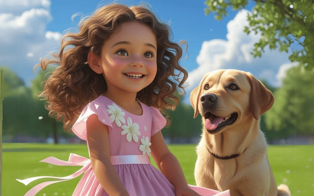 Menina de cerca de 3 anos com vestido rosa brincando com um Labrador em um parque radiante, capturando um momento alegre e natural.