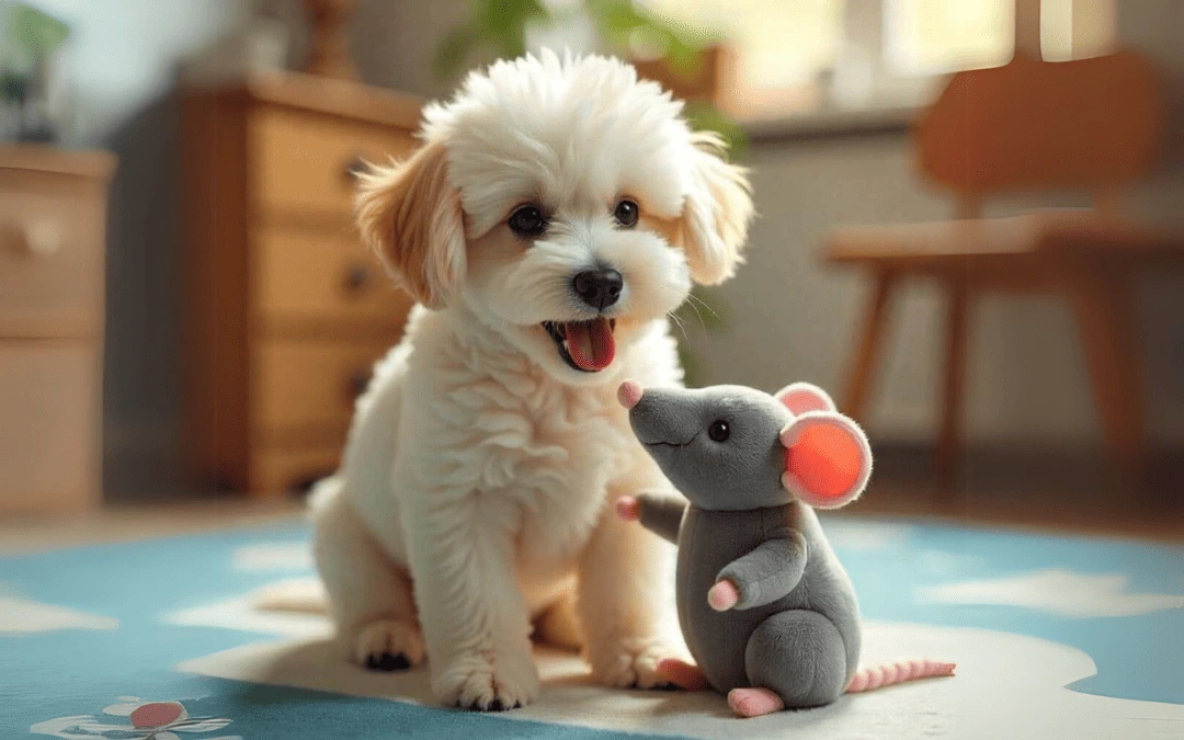 Um filhote de cachorro poodle branco com manchas bege sentado em um tapete azul com nuvens brancas, olhando feliz para um brinquedo de pelúcia em formato de rato cinza com orelhas rosadas.