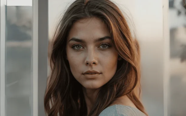 Retrato de uma mulher jovem com cabelos castanhos e ondulados, destacando sua expressão natural em um fundo suave ao ar livre.