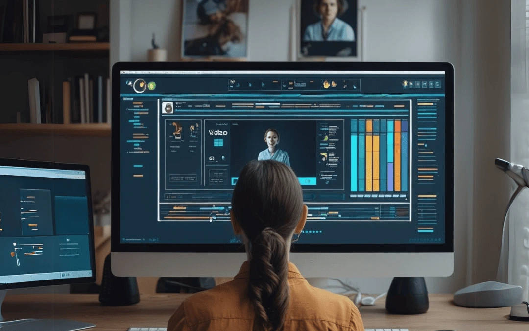 Usuário em frente a um computador utilizando a interface avançada do Descript para edição de vídeo, com gráficos e visibilidade na tela.