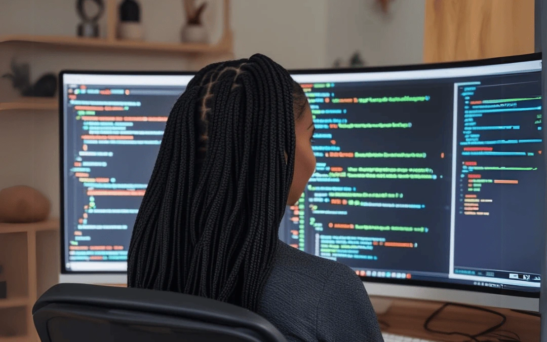 Desenvolvedora sentada em frente a dois monitores, programando APIs em um ambiente moderno com foco no FastAPI.