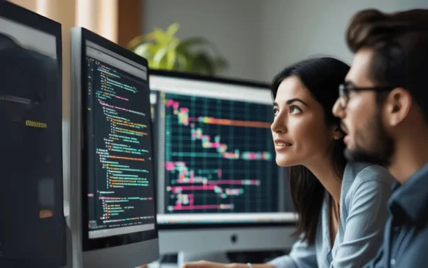 Dois programadores colaborando no desenvolvimento de código em uma interface com gráficos e dados, representando o que é inteligência artificial e seu avanço