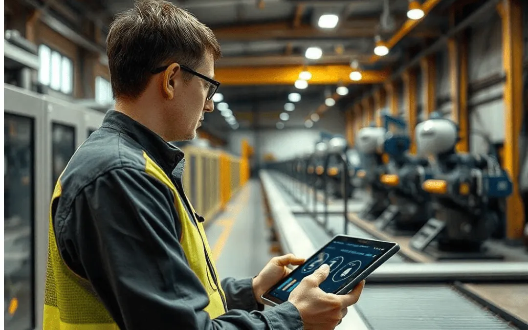 Engenheiro em um ambiente industrial observa informações de desempenho em um tablet enquanto opera uma linha de produção automaticamente.
