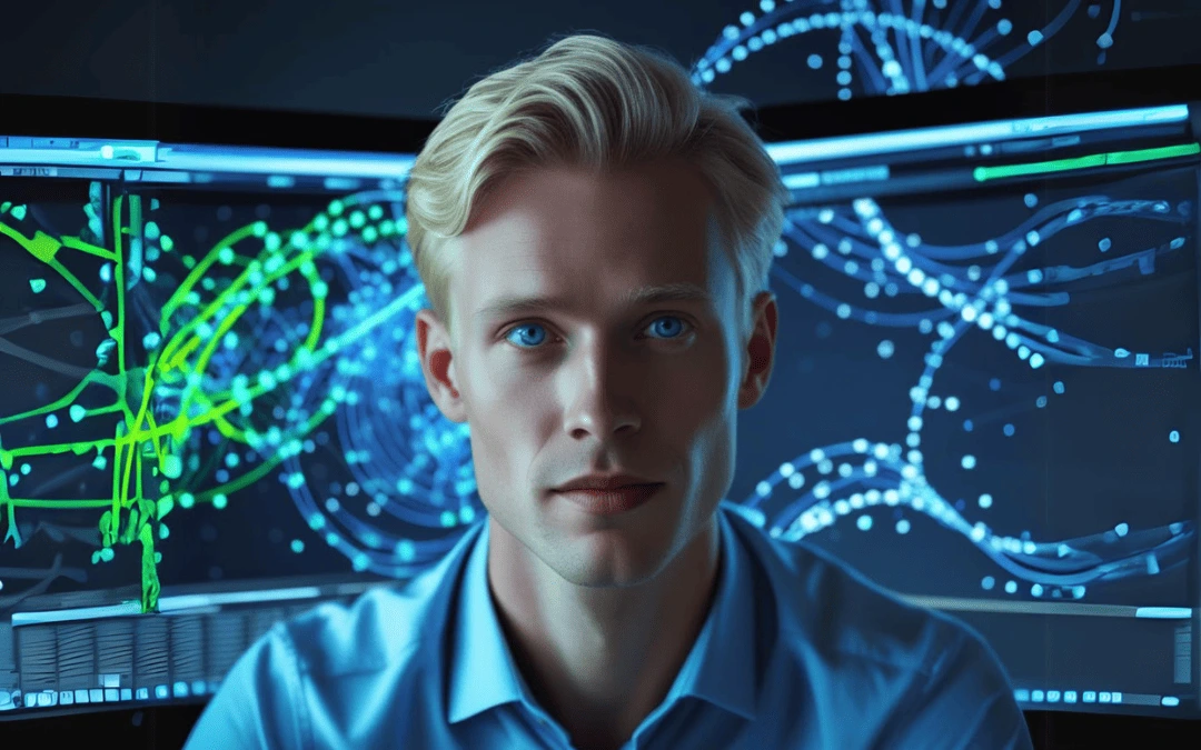 Especialista em inteligência artificial com fundo mostrando dados interativos e redes digitais, simbolizando a inovação tecnológica.