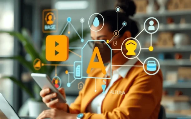 Mulher usando um smartphone enquanto é exibida uma interface digital ao seu redor, contendo ícones relacionados à inteligência artificial, conectividade e ética, como privacidade, justiça e segurança.