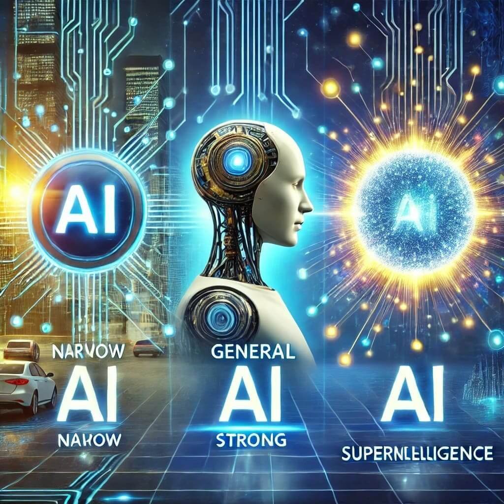 Representação visual dos tipos de inteligência artificial, incluindo IA Estreita, IA Geral e Superinteligência, com elementos tecnológicos modernos e conexões digitais.