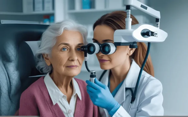 Médica realizando exame oftalmológico em paciente idoso, utilizando uma ferramenta de IA para detectar demência