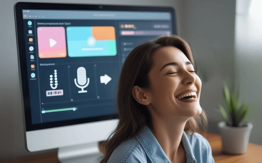 Mulher sorrindo em frente a um computador com a interface do Descript aberta, mostrando um ambiente descontraído e funcional.