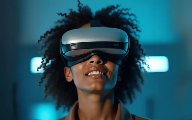 Mulher usando um óculos de realidade virtual em um ambiente tecnológico, representando as aplicações de inteligência artificial na simulação e interação