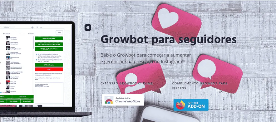 Página de promoção da extensão GrowBot para seguidores no Instagram, com ícones de curtidas e opções de download para Chrome e Firefox.