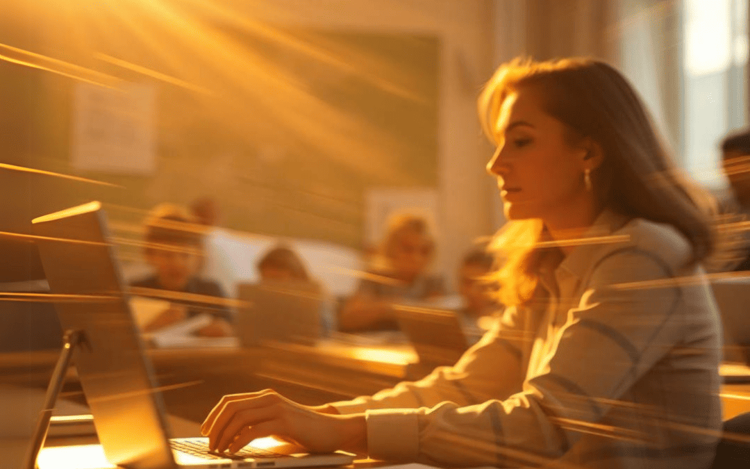 Estudante interagindo com um software educacional baseado em inteligência artificial em um computador em sala de aula.