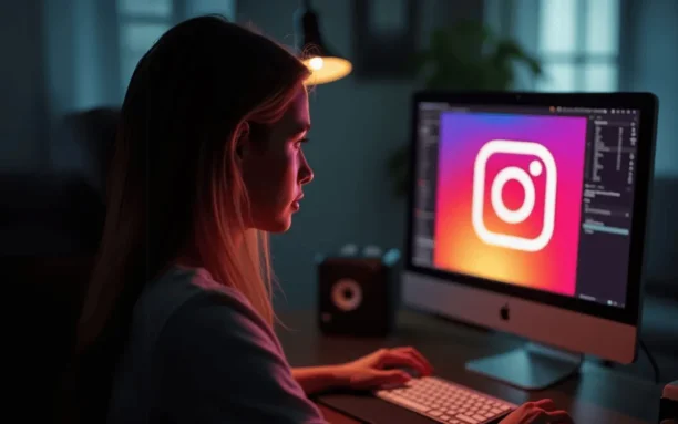 Mulher trabalhando em um computador com a interface do Instagram na tela, representando o uso do GrowBot Automator para automação de estratégias na plataforma