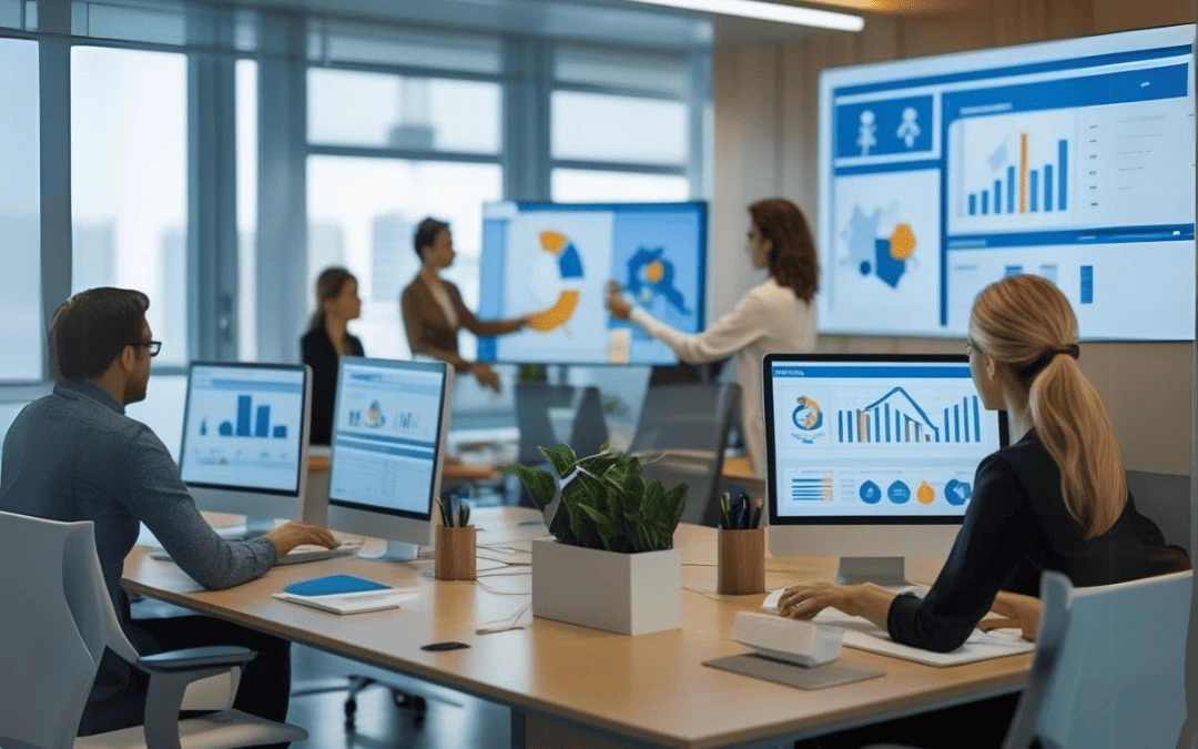 Ambiente corporativo com profissionais analisando gráficos e dados em telas de computador e projetores, simbolizando a integração de tecnologia e inteligência artificial no gerenciamento de negócios.