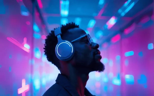 IA na Música. Homem com fones de ouvido iluminados por luzes neon em um ambiente futurista.