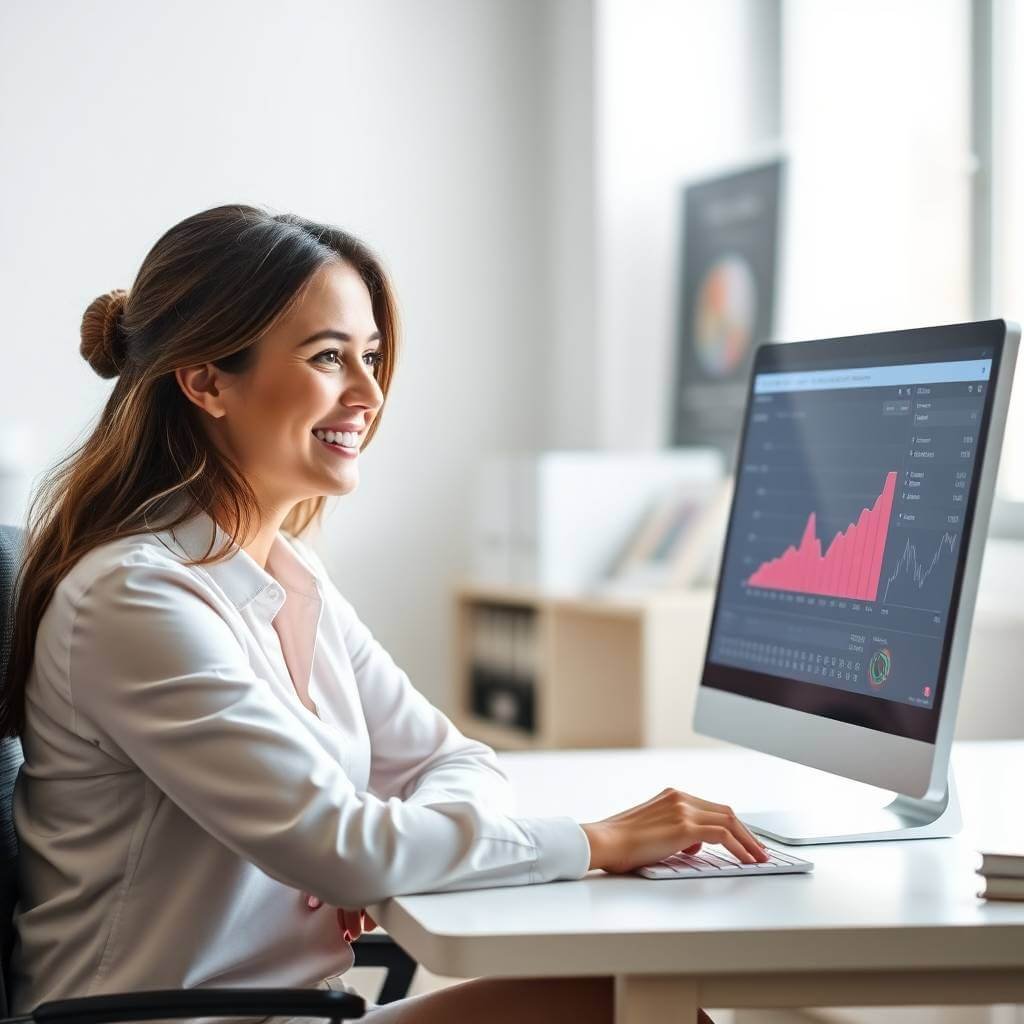 Profissional sorridente utilizando um sistema contábil com gráficos exibidos no monitor, representando o impacto da Inteligência Artificial na eficiência e análise financeira.
