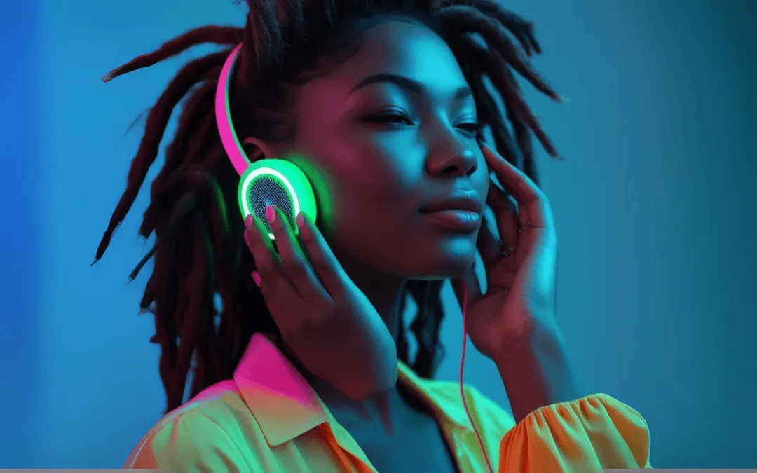 Mulher com dreads ouvindo música em fones de ouvido neon, em um ambiente iluminado por tons vibrantes de azul e rosa.