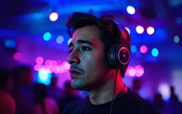 Homem com fones de ouvido grandes em um ambiente iluminado por luzes neon coloridas, transmitindo um clima moderno e criativo.