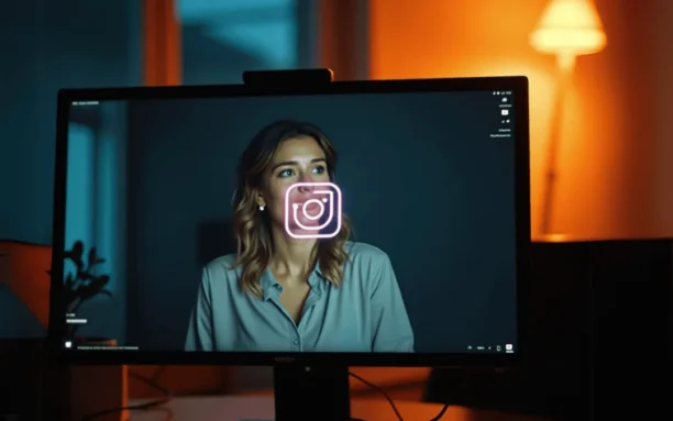 Tela de computador exibindo uma mulher com o logotipo do Instagram, representando estratégias de automação com o GrowBot Automator for Instagram.